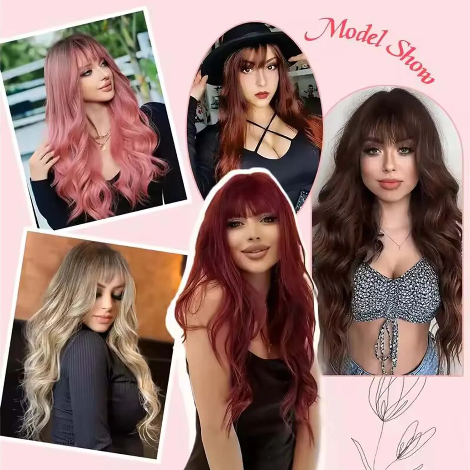 باروكة صناعية بلون النبيذ الأحمر مع شعر طويل مجعد وغرة للاستخدام اليومي في الحفلات. مصنوعة من ألياف تتحمل درجات الحرارة العالية، شعر مستعار متعدد الألوان #6