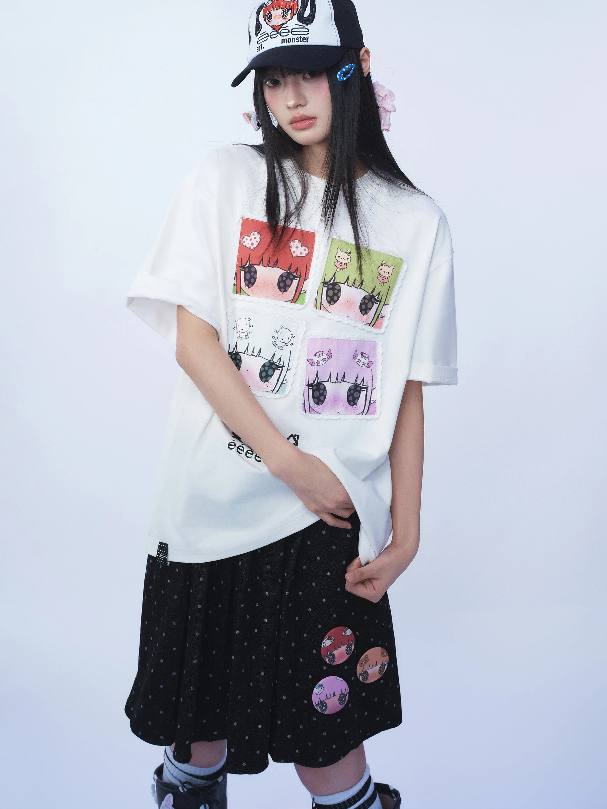 Cute Style Graffiti Lace Patch Short Sleeve Four Panel Head Image T-Shirt Standard Fit Skin Friendly Breathable Youthful Vita...