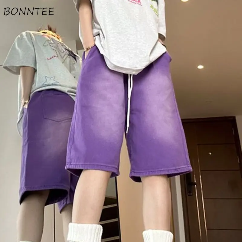 

Purple Shorts Women S-4XL Washed Denim Chic Loose American Retro Summer Casual Unisex Streetwear Hipster Students Fashion Simple