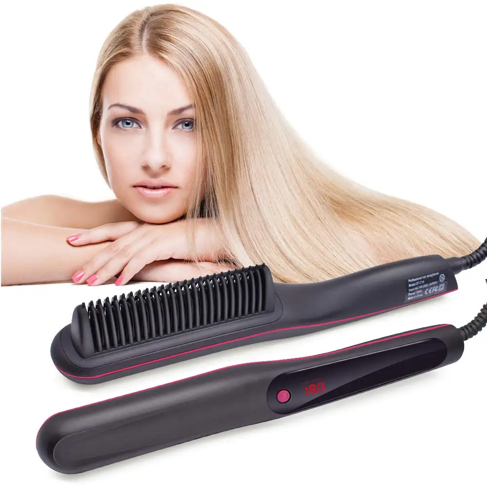 2-in-1 Ionic Hair Straightening Brush Fast Heating Anti-Scald Feature Hair Straightener Iron Hot Comb Professional Hair Tools