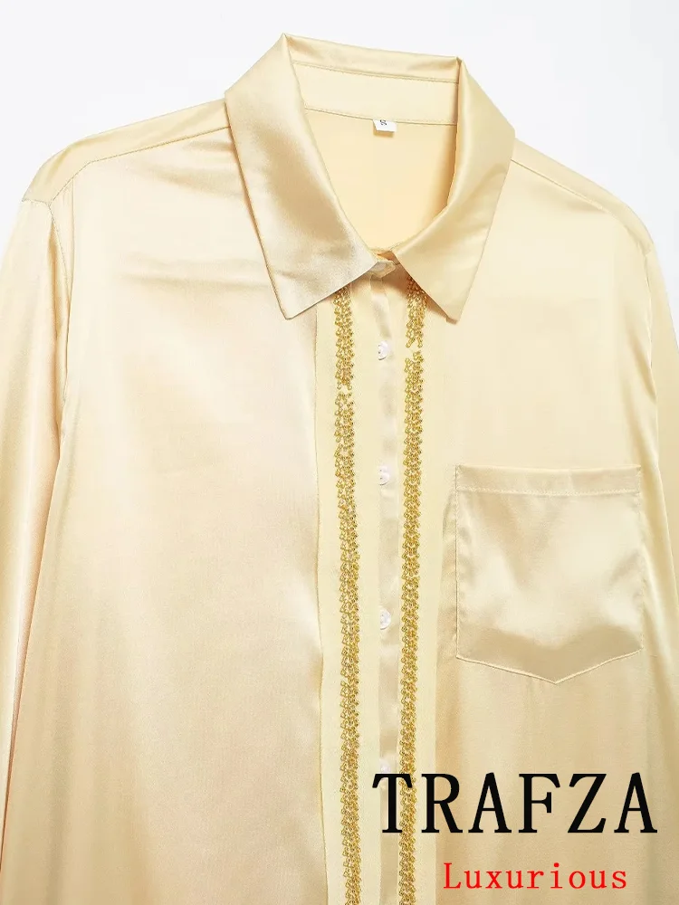 TRAFZA Vintage Casual Chic Women Suit Beading Single Breasted Long Sleeve Blouse Loose Long Pants Fashion 2024 Summer Sets