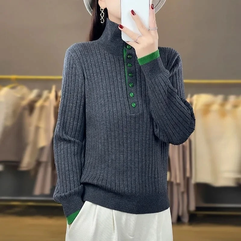 New Autumn Winter Women knitte Sweater Pullover Stand Collar Long-sleeved Knitted Jumper Wool Bottoming Shirt Female Casual Tops