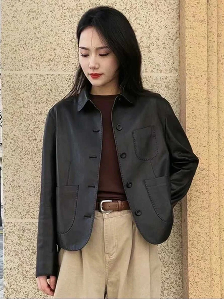 

Корейская модная кожаная куртка для женщин: повседневная, приталенная, с воротником, весенняя новинка, укороченная, премиум-класса, в уличном стиле