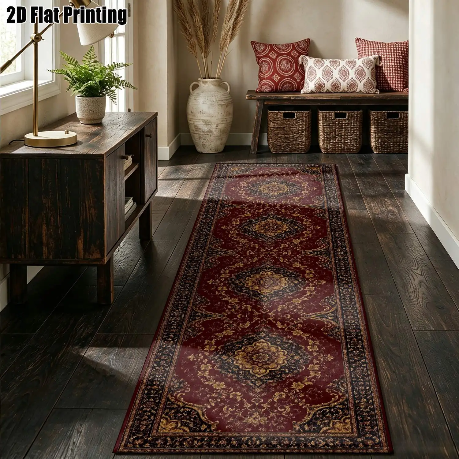 1Pc 2D Printed Long Strip Runner Carpet: Retro Geometric Red Base, Bohemian/European Style, Machine Washable, Multiple Sizes, Ideal for Entrance, Hallway, Bedroom, Kitchen Home Decor