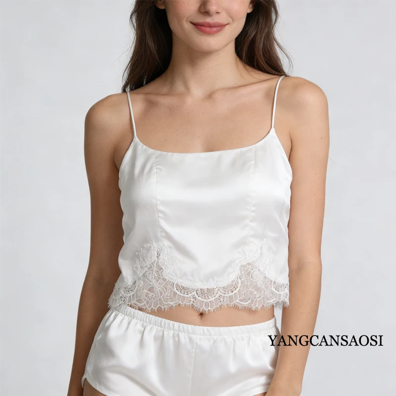 2026 Women's New Natural Mulberry Silk Elastic Satin Ultra Thin with Chest Mat 2-in-1 Eyelash Lace Side Split Sexy Strap