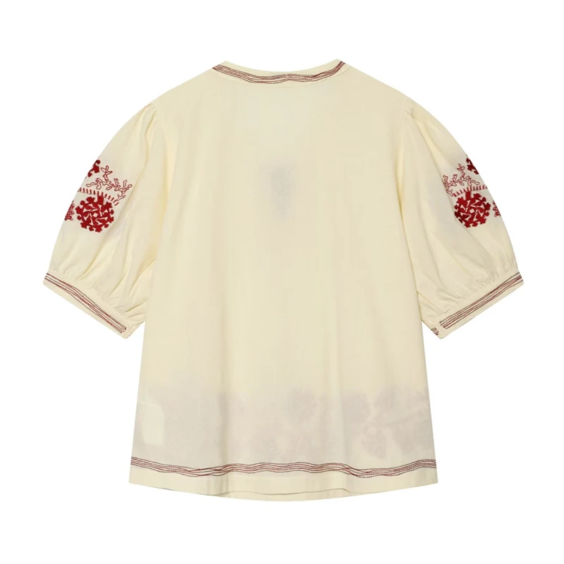 KEYANKETIAN 2026 Boho Vacation Red Floral Embroidered Blouse Loose Split Tie Neck, Tassel Drawstring & Puff Half Sleeve Shirt