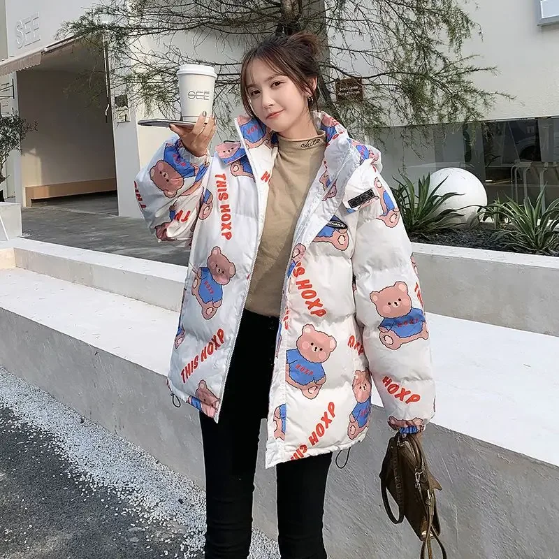 2022 new women\'s winter thickened bread coat printed bear clothes Japanese cute trend student hooded thickened bread coat