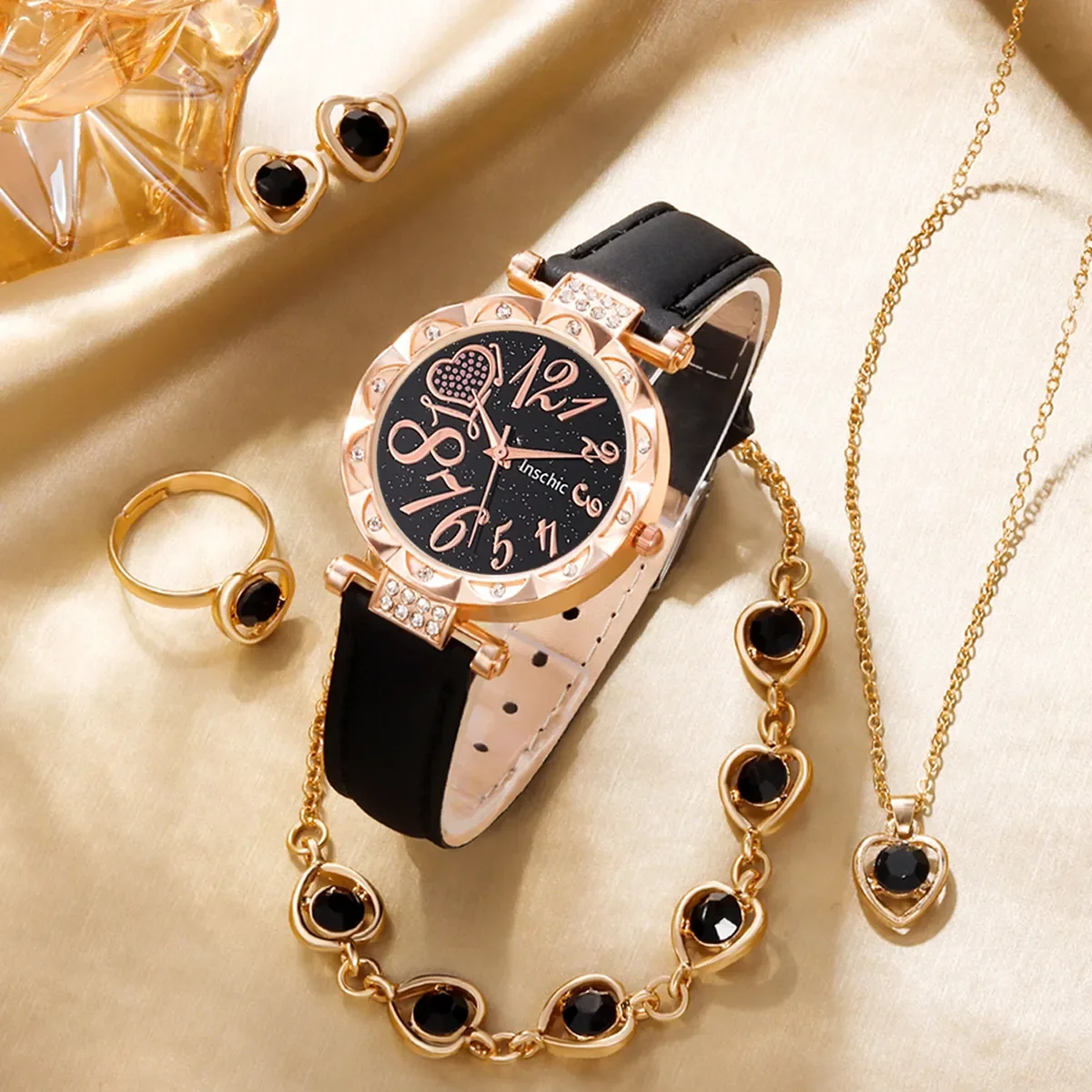 6 PCS New Lxury Love Rhinestone Jewelry Ladies Ring Necklace Earrings Bracelet Set Simple Digital Leather Strap Quartz Watch