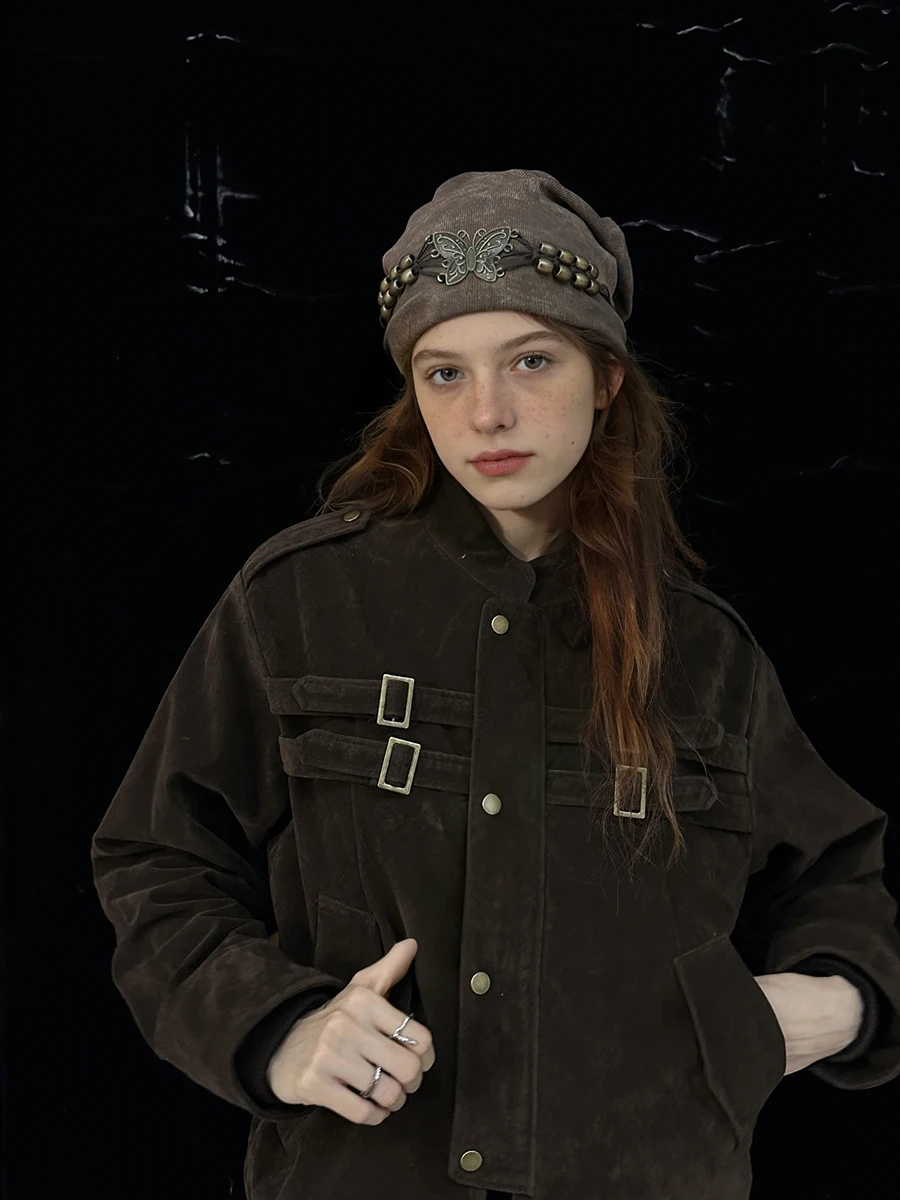 アメリカンレトロヴィンテージスプライシングデザインスエードジャケット女性ショート春秋アウター暖かいフェイクレザーラウンドネックジッパー