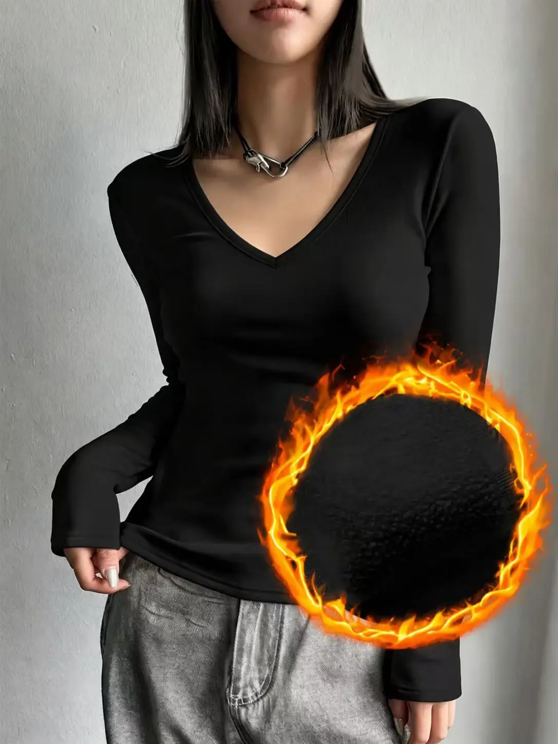 Pure Desire Thickened Fleece Long Sleeve T-Shirt Deep V-Neck Waist-Cinching Autumn Winter Slim Fit Shoulder T-Shirt for Warmth A