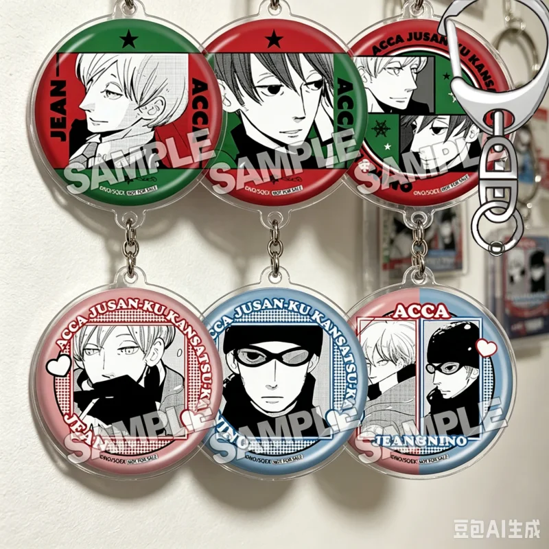 Anime ACCA: Departamento de Inspección de los 13 Territorios, llaveros de acrílico de 6 cm de Nino, Jean y Otus, decoraciones para bolsos, artículos de animación.