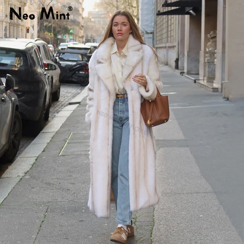 Neo Mint 2024 Winter High Quality Long Faux Mink Fur Coat Women High Street Furry Fur Jacket Luxury Brand Outerwear Overcoat