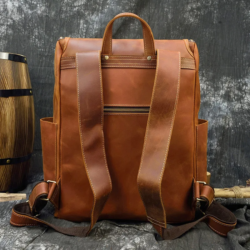 Retro men's simple fashion with leather crazy horse leather multi-functional large capacity notebook travel backpack