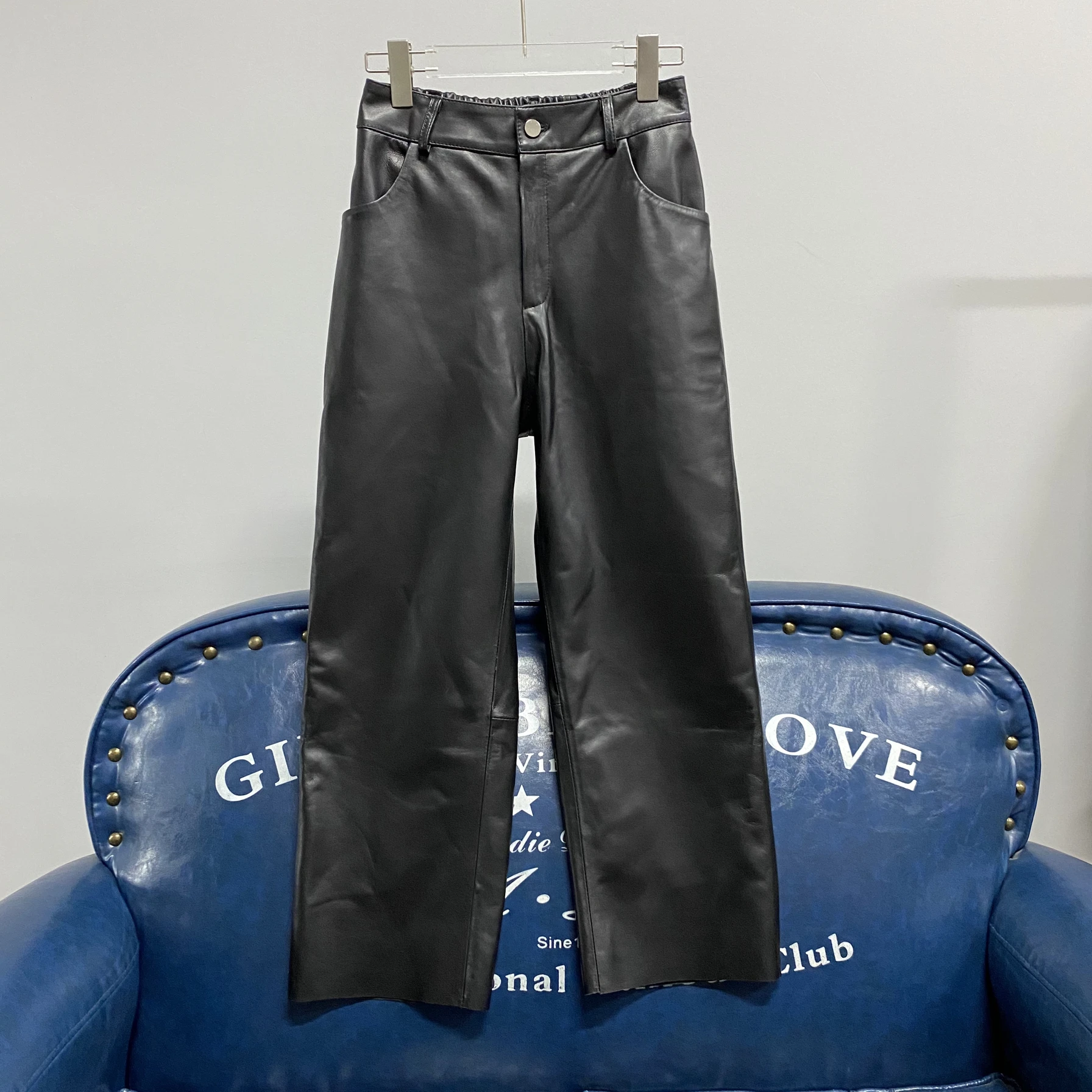 

Real eepskin Leather Pants High Waist Straight Leg Nine-Tenths Wide Leg Long Pants Slimming Casual Women's Faion