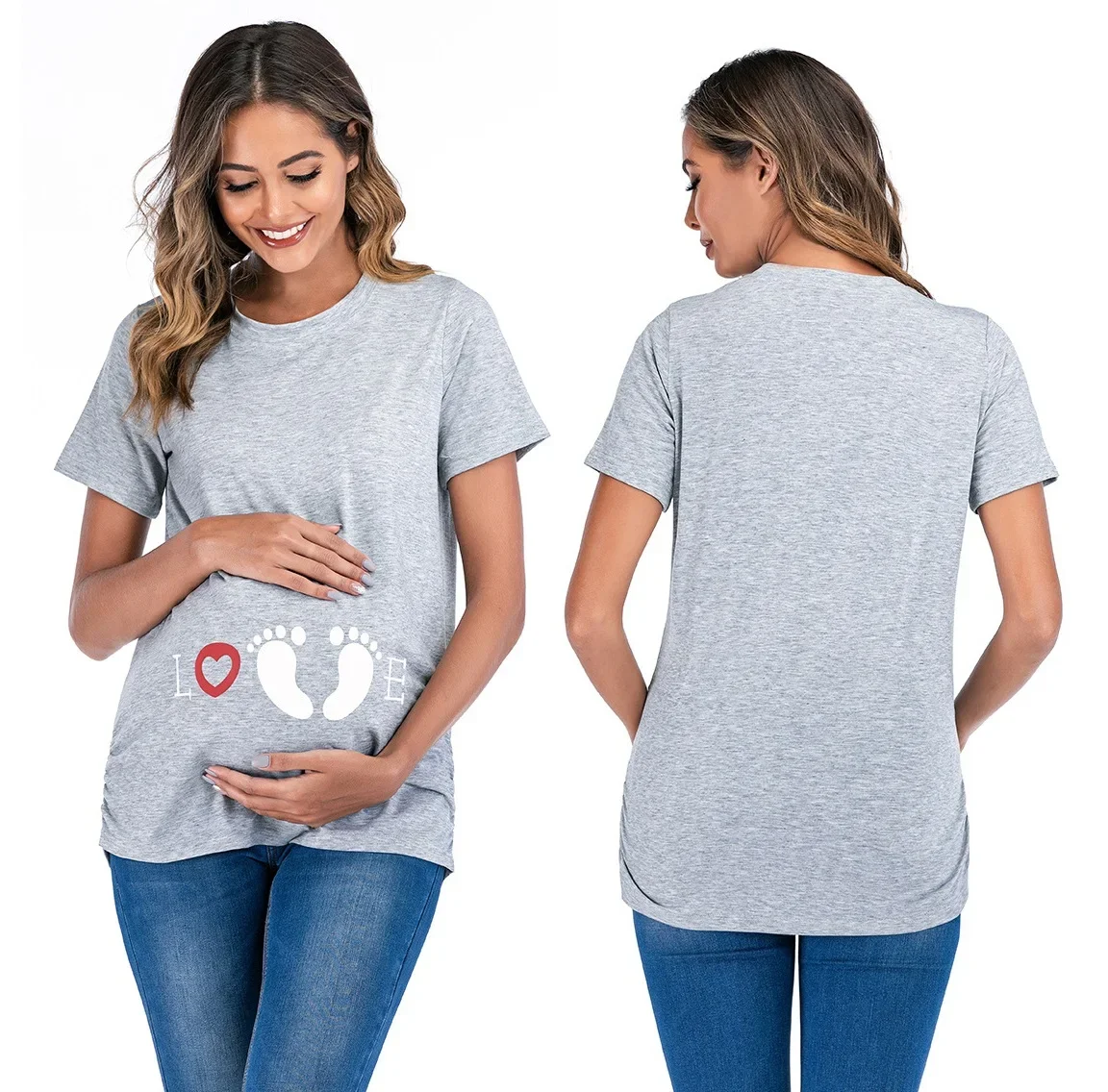 

Women Maternity Tops Short Sleeve Side Ruching Round Neck Shirts Pregnancy Summer Blouse Casual Wear