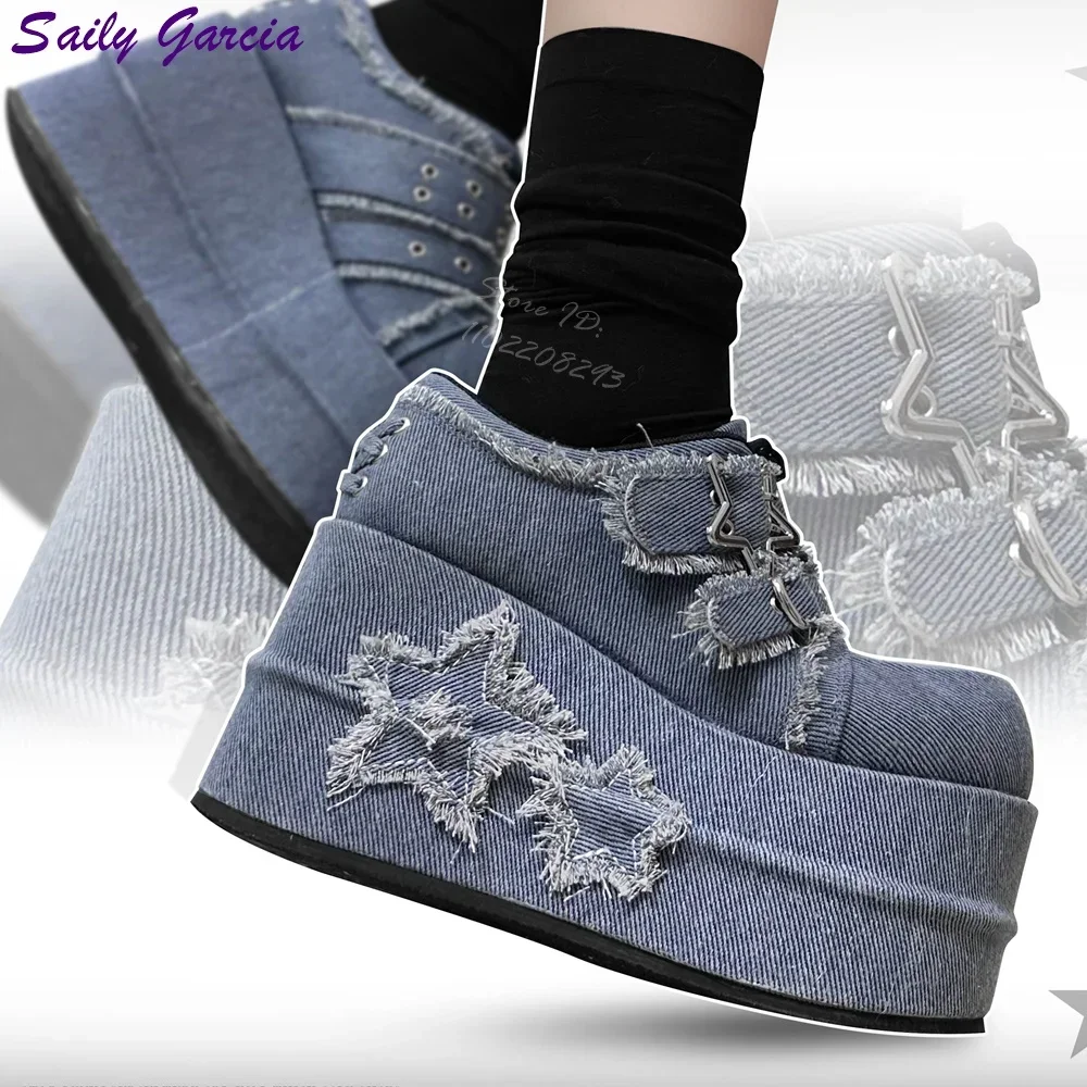 Light Blue Denim Platform Sneakers Frayed Raw Edge Star Patch Double Buckle Gothic Wedge Shoes 2026 Y2K Platform Women Shoes