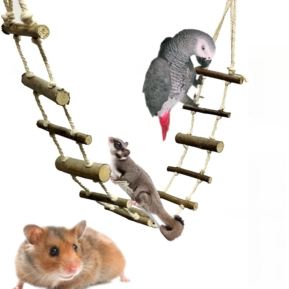 Natural Wood Rope Ladder for Birds & Small Pets Parrot Climbing Bridge Sugar Glider Hamster Hanging Cage Accessory