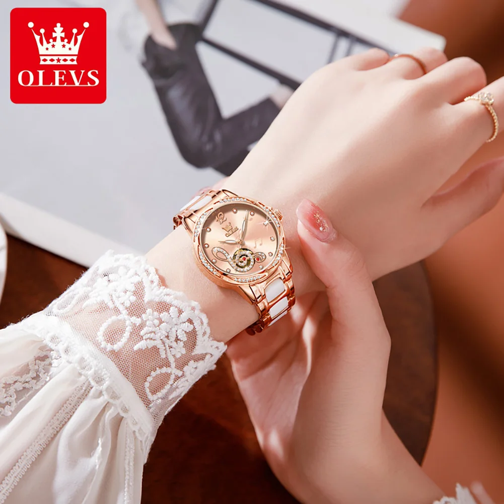 OLEVS Elegant Ceramic Strap Women Mechanical Watches Luxury Diamond Waterproof Automatic Watch Woman Musical Note Hollow Surface