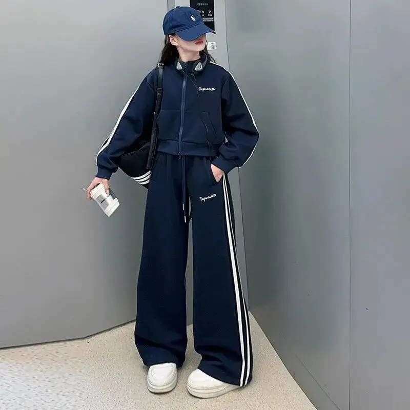 

Kawaii модное пальто для девочек, комплект брюк, студенческий осенний повседневный топ на молнии с героями мультфильмов, прямые брюки, комплект из 2 предметов, детская одежда