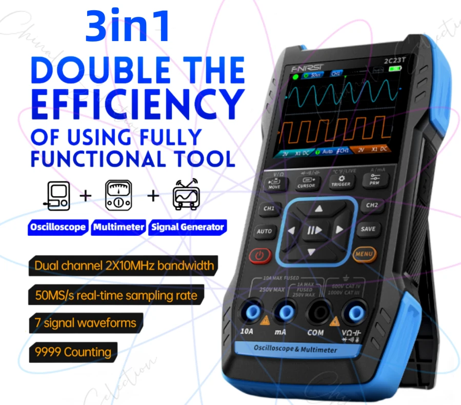 FNIRSI 2C23T 3 in 1 Multimeter Digital Oscilloscope Function Signal Generator 9999counts AC DC Voltage 50MS/s 10MHz Dual Channel