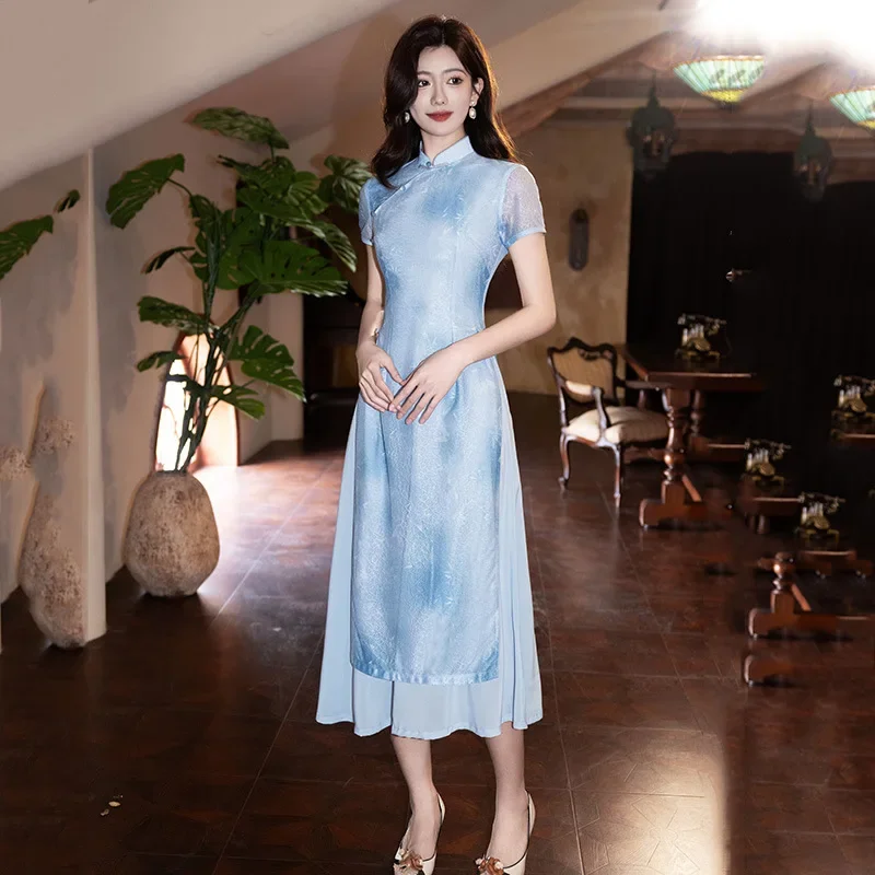 

Blue Slimming Aude Chinese Qipao Improved Young Style 2025 New Women's National Style Retro Dress Summer Qipao