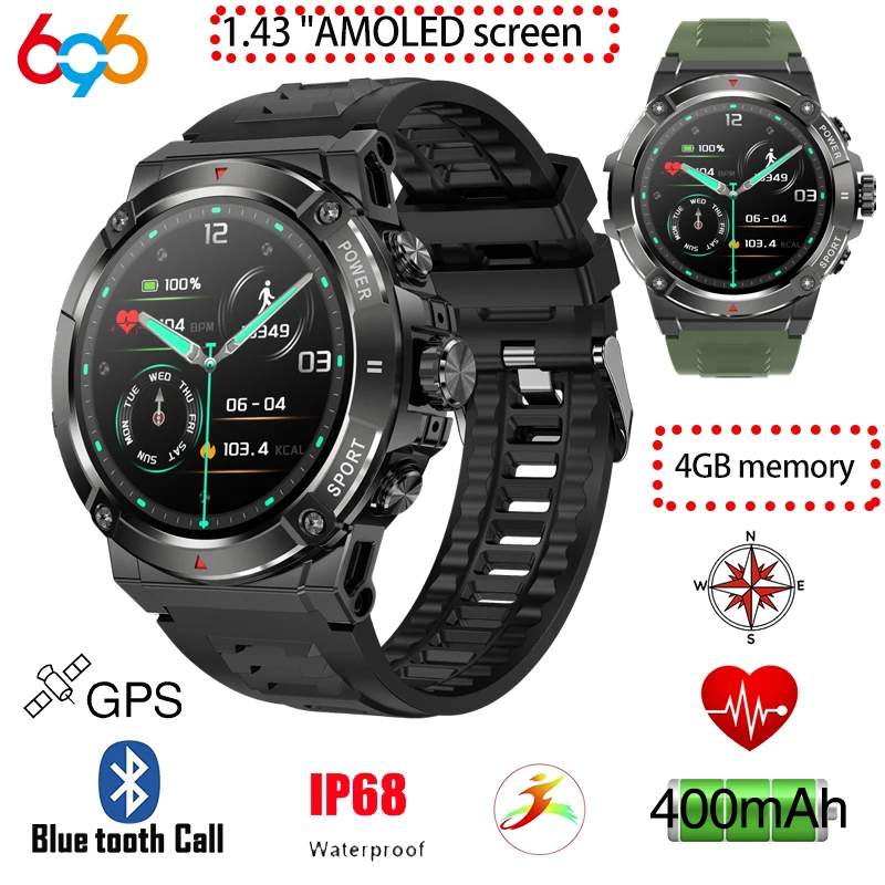 

1.43" AMOLED Outdoor Sport GPS Compass Waterproof Map Smart Watch Altitude Pressure Blue Tooth Call Health 4GB Memory Smartwatch