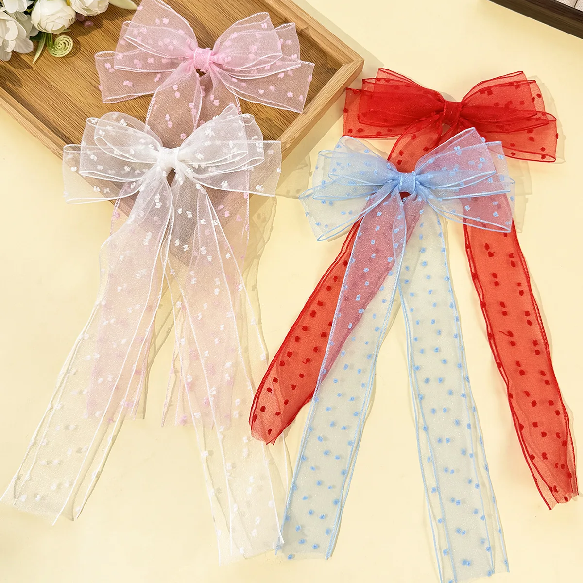 24pc-fashion-women's-mesh-bow-hairgrips-with-long-tassel-dot-spot-print-side-hair-clips-girls-hair-accessories-bulk-pack