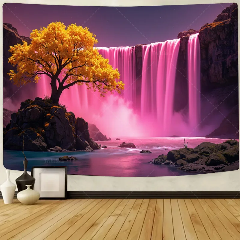 

1pc Wall Tapestry "Vibrant Pink Waterfall Tapestry with Golden Tree, Modern Fantasy Wall Art"