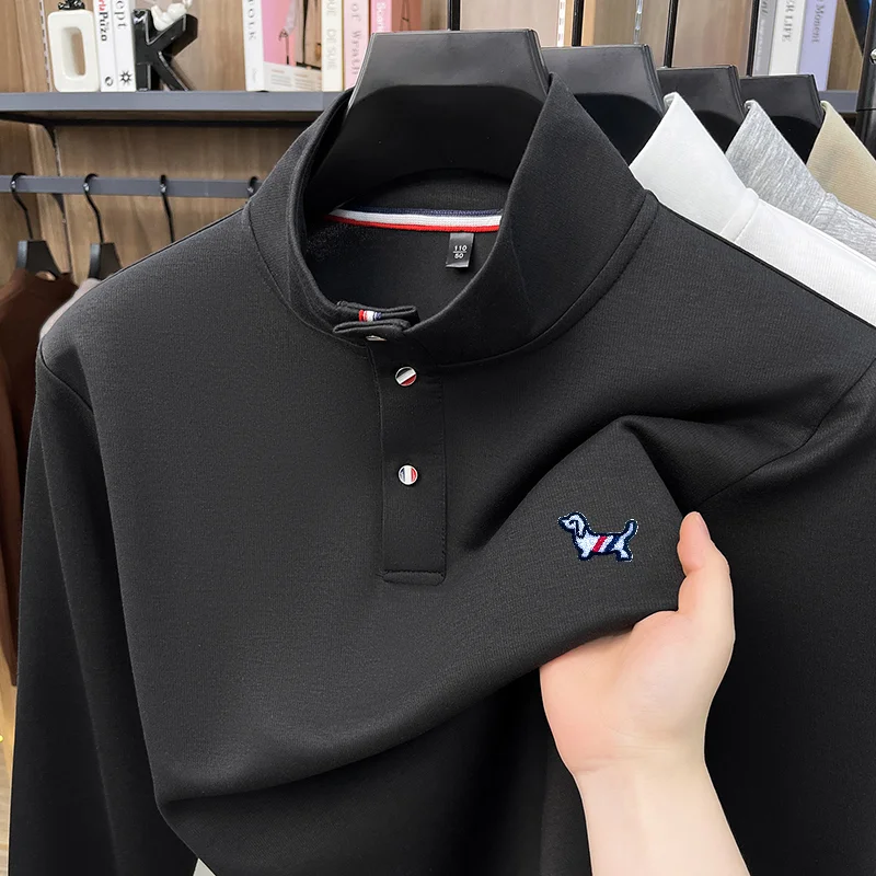 Designer Original Herren Langarm-T-Shirt mit Stehkragen, Knopfleiste und Hunde-Stickerei, hautfreundlich, farbecht, Herbst-Freizeitmode, Herrenbekleidung – Detail 2
