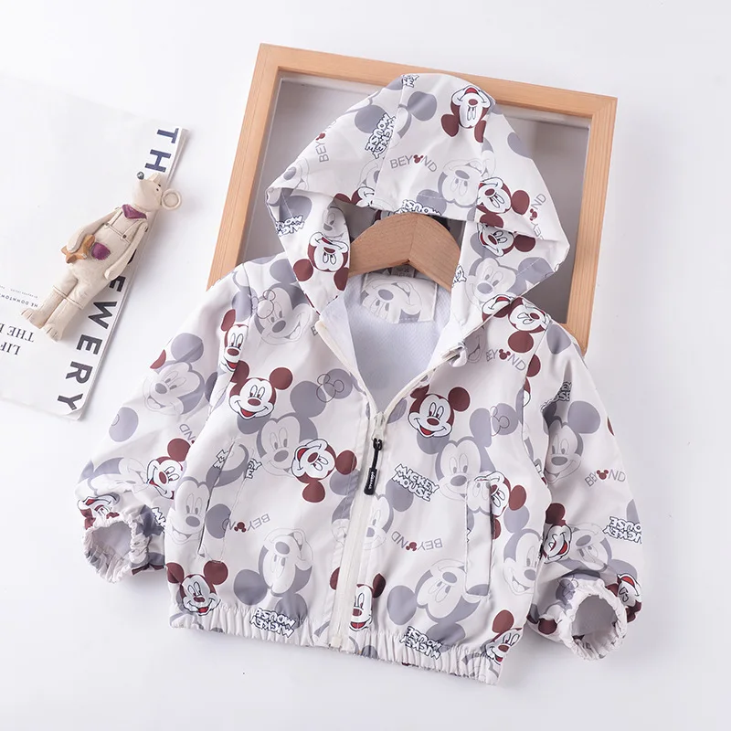 

2024 Autumn Baby Girl Boy Windbreaker Coats Children Mickey Mouse Print Hooded Long Sleeves Jacket Kids Cartoon Zipper Outerwear