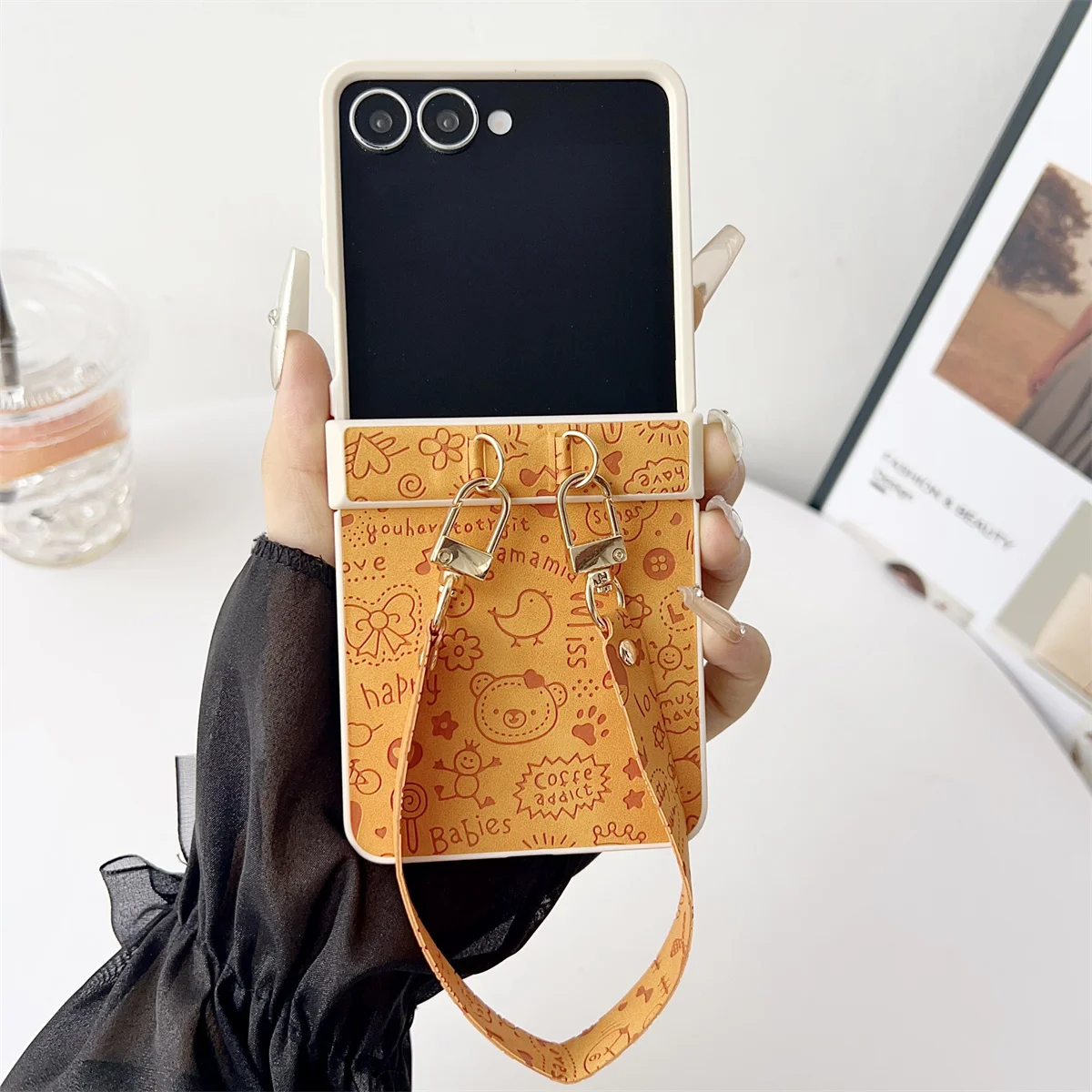 Handgelenkschlaufe Leder Cartoon Handyhülle für Samsung Galaxy Z Flip 7 FE 6 5 4 3 ZFlip7 ZFlip6 Hartschale Scharnier Schutzabdeckung
