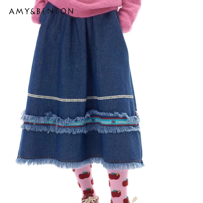 

American Retro Cartoon Print Tassel Women's Denim Skirt 2025 Autumn New Design Loose Slimming Versatile Mid-Length Skirts Ladies