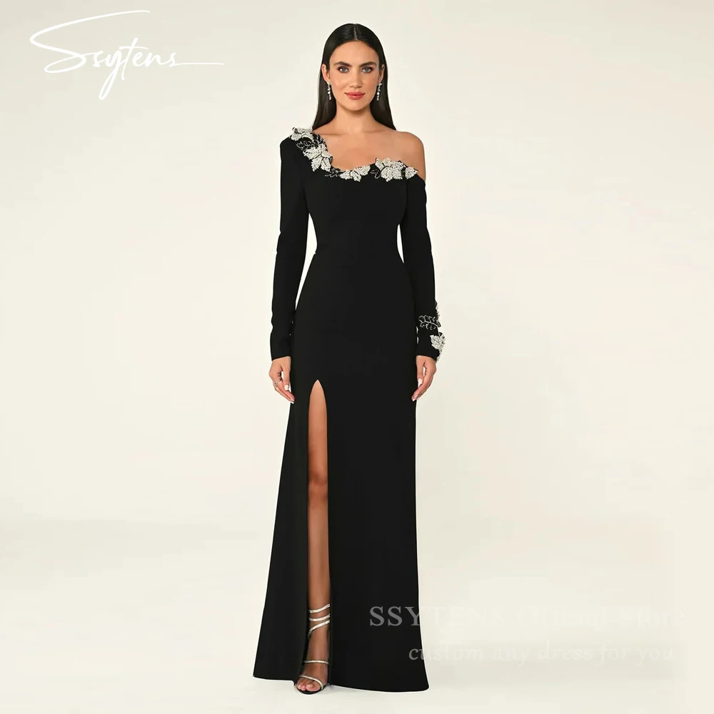 

SSYTENS Luxury Customized Black Evening Dresses Appliques One Shoulder Party Dresses elegant Crepe Formal Saudi gala Prom Dress