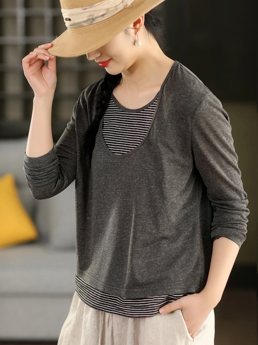 

Ретро-стильный полосатый вязаный женский топ с длинными рукавами, модный пуловер с круглым вырезом, имитация двухслойности, одежда в стиле Garden Beau