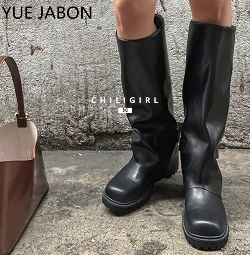 Women Winter Long Boots Woman Knee High Booties Ladies Shoes Platform Thick Heel Real Leather Soft Boots Slip On Woman Winter