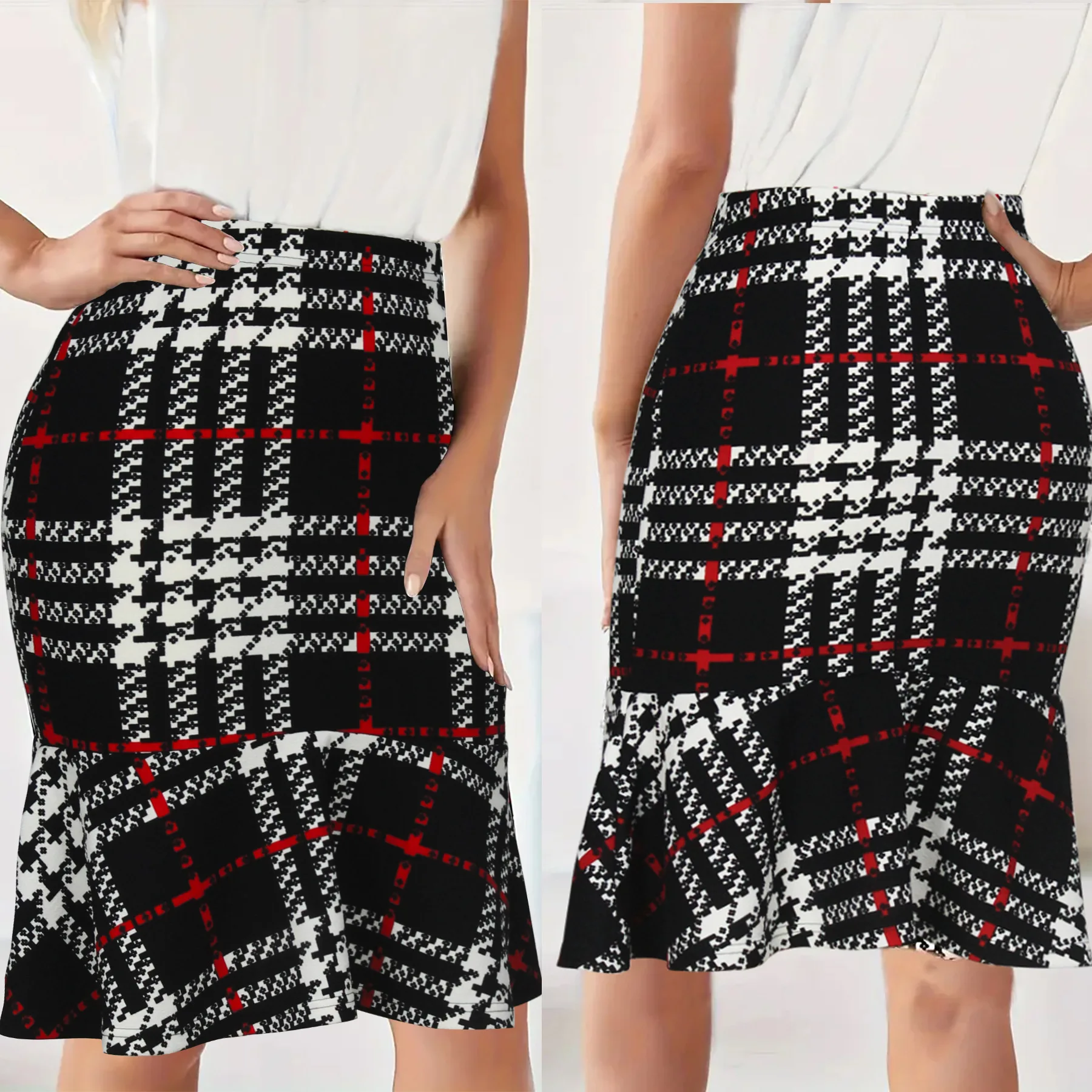 Business-style checkered tassel knitted high-waisted hip-wrapping fishtail midi skirt