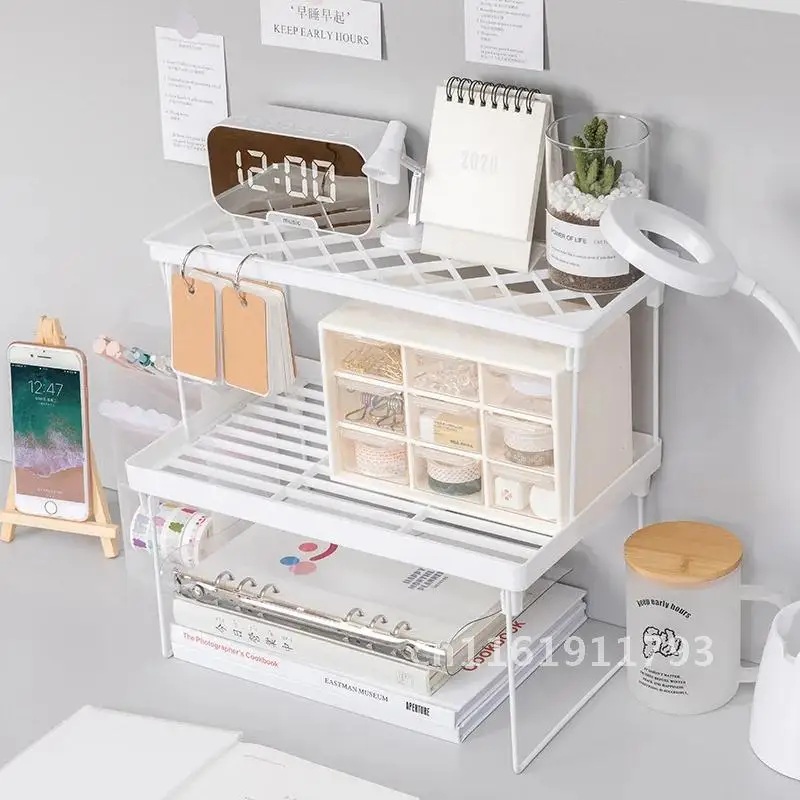 Stationery Desk Organizer Shelf Office School Supplies Iron Layered Rack Dormitory Home Desktop Cosmetic Storage Foldable Stand