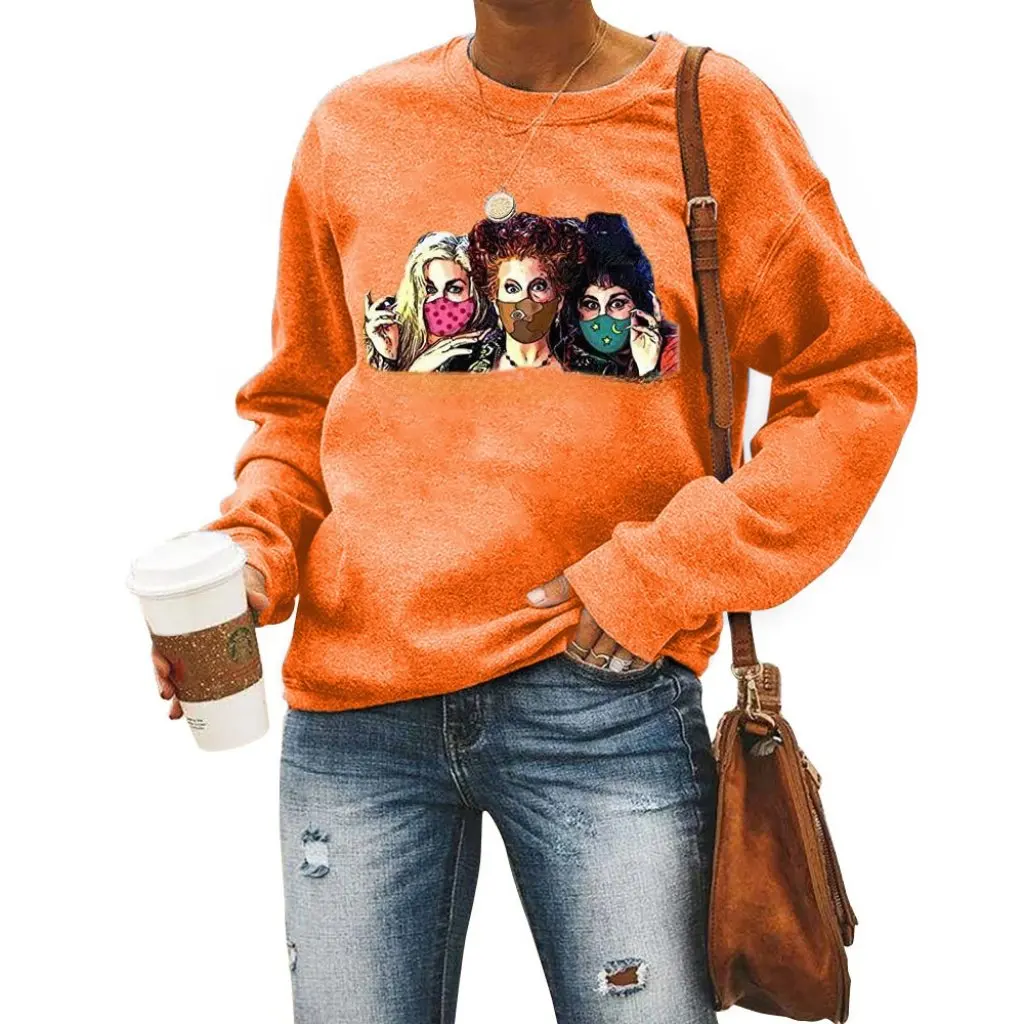 Sudadera de cuello redondo para mujer con estampado de tres brujas, diseño de hombro caído, camiseta de calle de moda