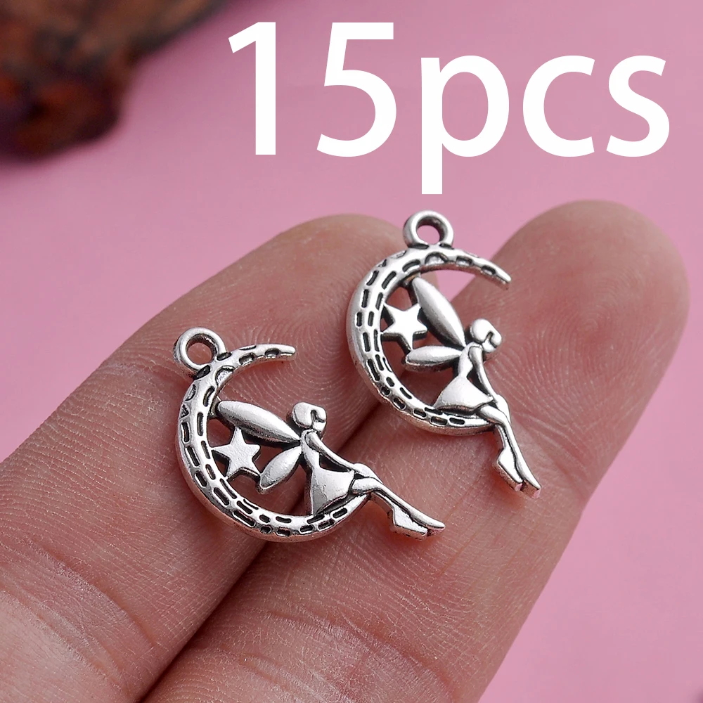 15 Pieces of Crescent Moon Fairy Star Charms, Hollow Crescent Moon Fairy Pentagram Simple Pendants, Suitable for DIY Bracelets, Necklaces, Earrings, and Handmade Beaded Jewelry Accessories