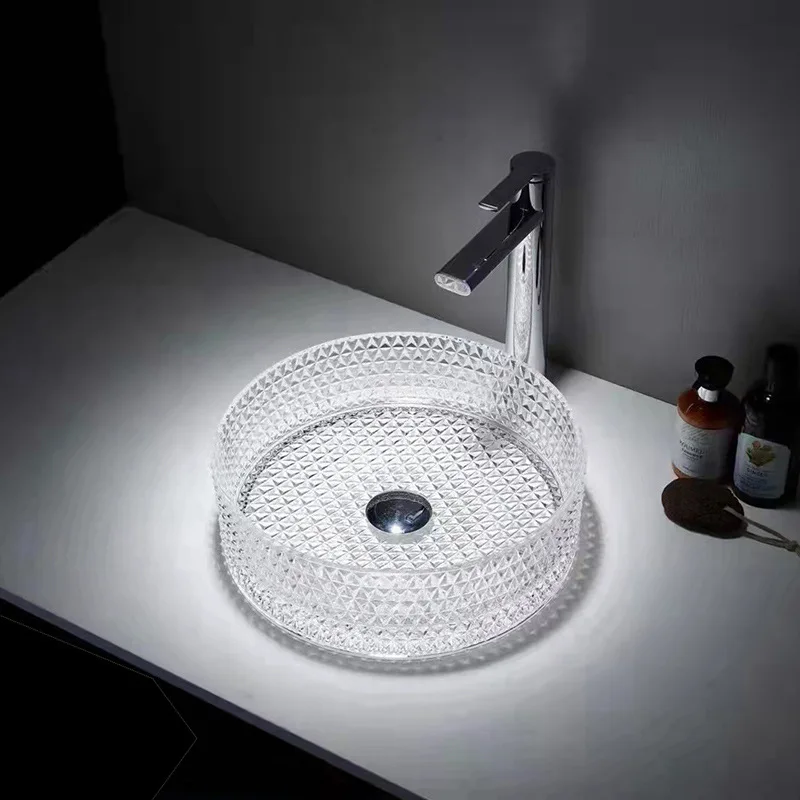 

Bathroom glass art table basin Household balcony table basin New round thickened transparent wash basin