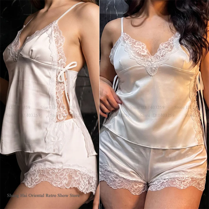 Sexy Lace Mujer Lingerie Female 2Pcs Pajamas Set Loungewear Summer New Ice Silk Sleepwear Pijamas Suit Loose Home Clothes Pyjama