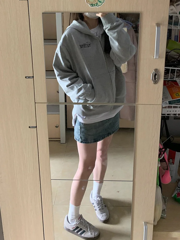 미국식 후드 지퍼 스웨트셔츠 여성용 봄 가을 겨울 루즈 디자인 아우터웨어 패션 레트로 스타일 긴 소매