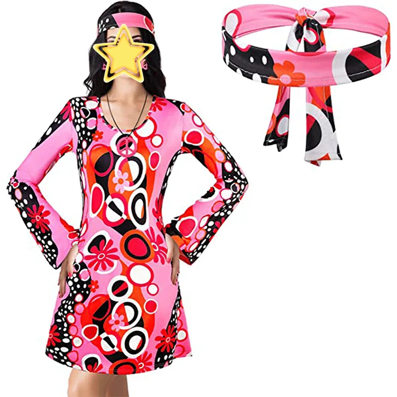 

S-2Xl 70S Hippie Dress Costumes Carnival Party Bar Nightclub Disco Hippies Cosplay Fancy Halloween Retro Dresses Suit