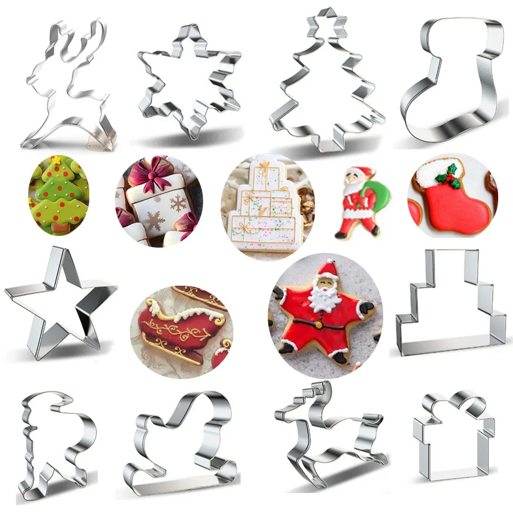 

10pcs Christmas Tree Sled Santa Snowflake Deer Cookie Cutter Fondant Cake Decor Tools Biscuit Mould Pastry Shop Cupcake Toppers