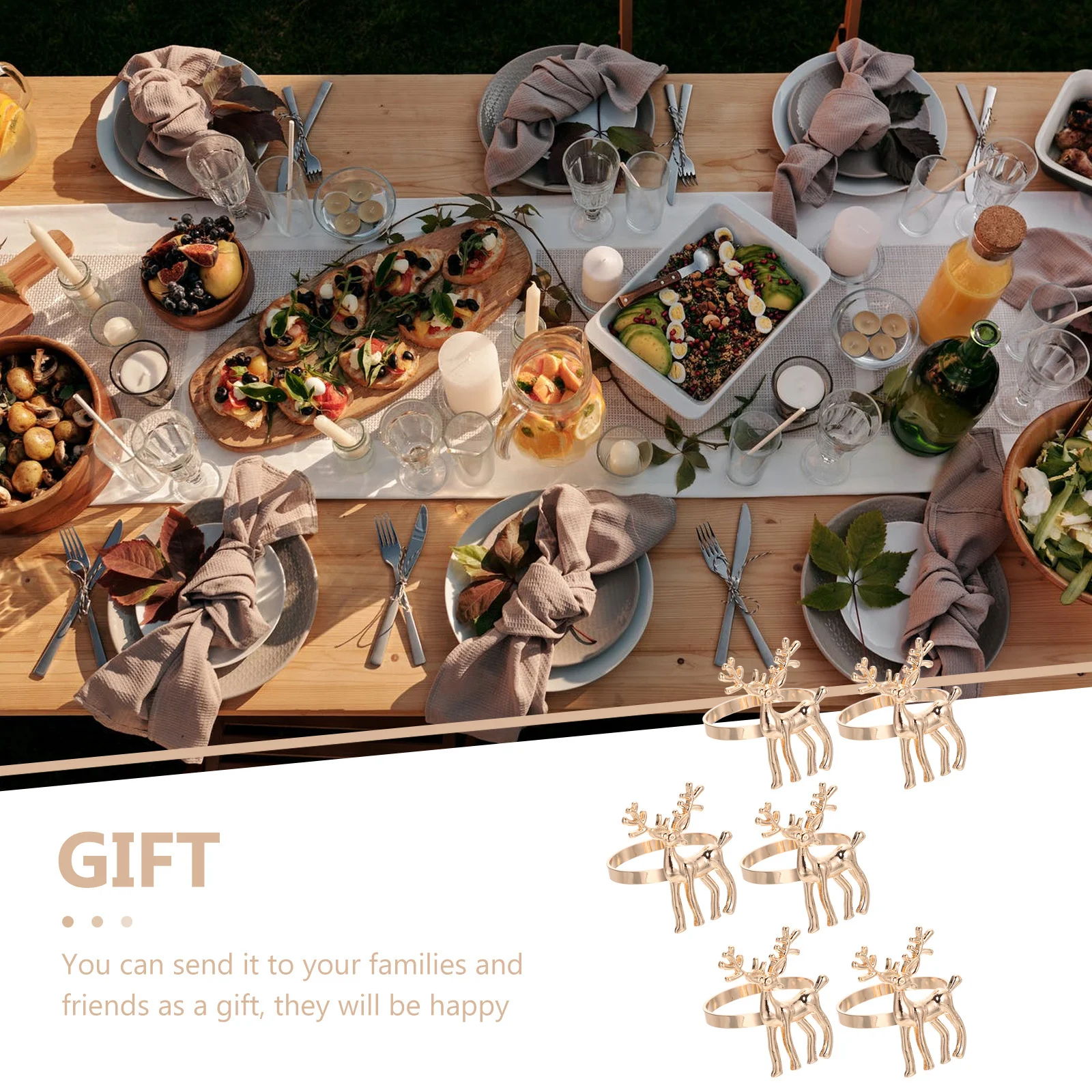 

6Pcs Elk Shaped Napkin Rings Christmas Alloy Buckles Napkin Holders Home Party Table Decor Tableware Adornments