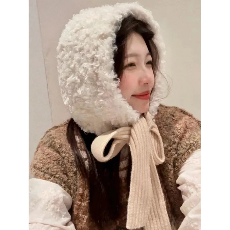 Rice Ball Little Lamb Furry Balaclava Women Winter Outdoor Warm Cute Earmuff Thick Toe Cap New