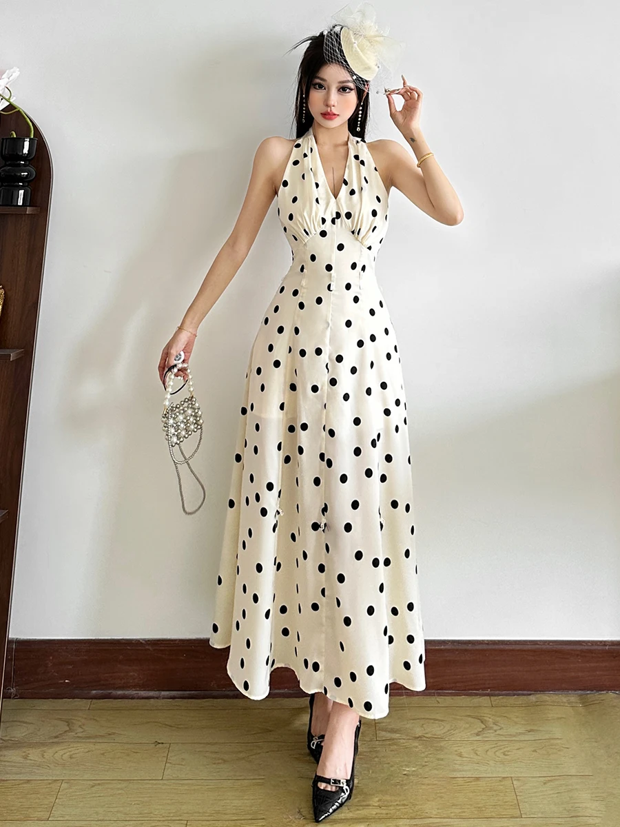 奇妙な猫柄水玉プリントホルターネックドレス エレガントなロングスカート レディース 夏 インスタイル ポリエステル生地 ノースリーブ Vネックドレス