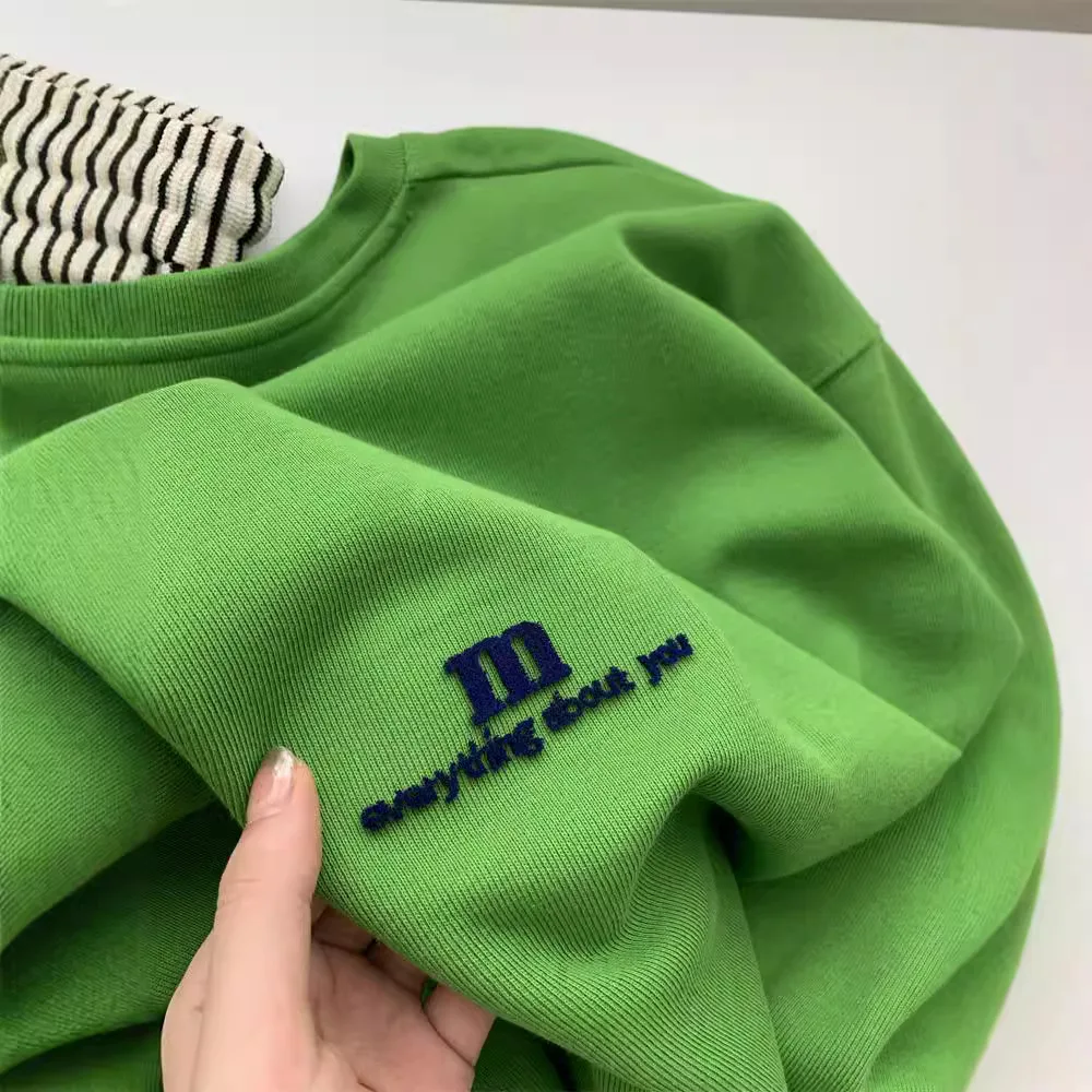 Green Letter Embroidered Pullover Sweatshirt With White Green Round Neck Top