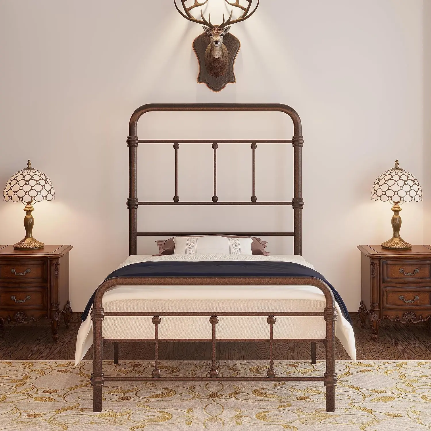 

Twin XL-Bed-Frame with headboard Giselle-Vintage Antique-Metal - Platform Mattress Foundation,49 inch High,No Box Spring