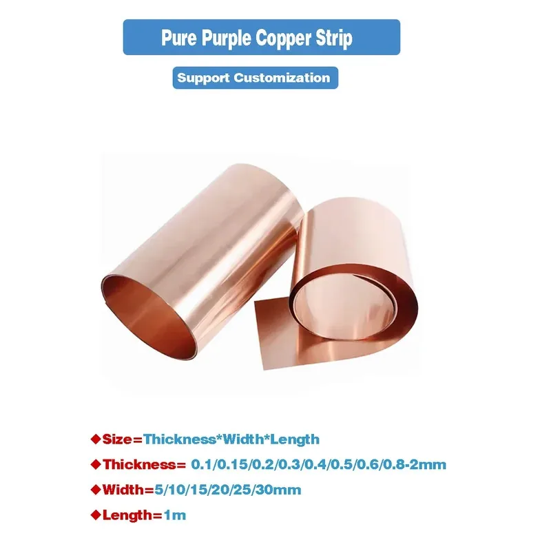 

1 Meter Long Pure Copper Strip 0.1/0.15/0.2/0.3/0.4/0.5-2mm Thickness Width 5/10/15/20/25/30mm T2 Red Copper Foil